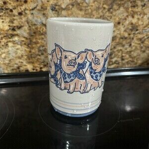 Louisville Stoneware Precious Pigs utensil holder Cream Ivory Blue Bandana